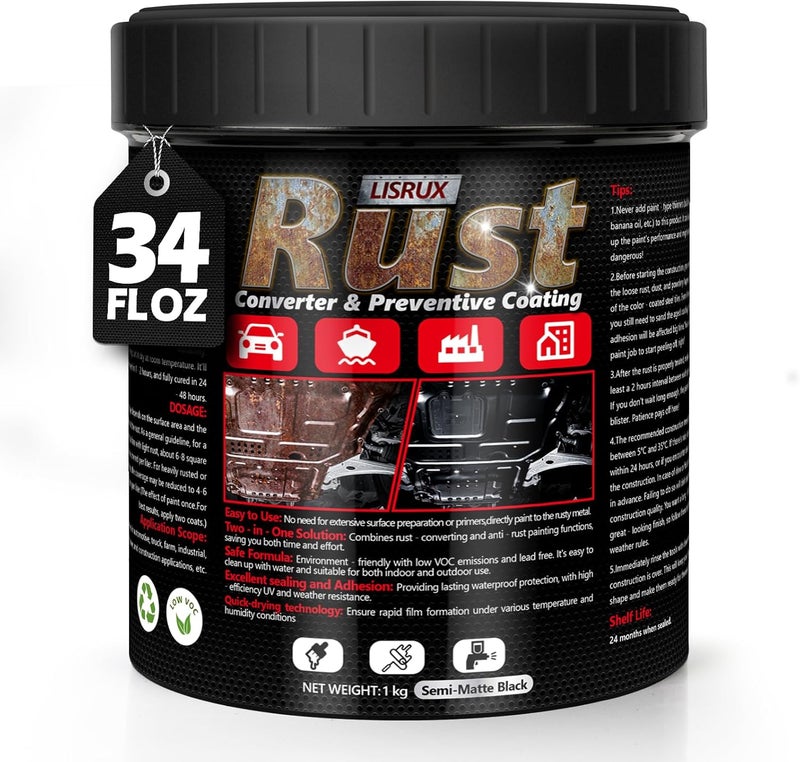 LISRUX 4-in-1 Rust Converter & Metal Primer, 34 Fl Oz Black Rust Inhibitor Paint for Metal, Automotive Rust Reformer, Industrial Grade Water Based, Heat Resistance & UV Resistant - Image 1